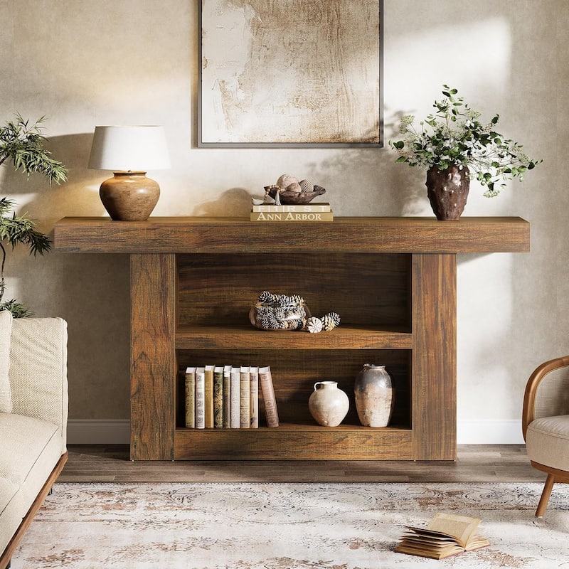 63-Inch Console Table, 3-Tier Farmhouse Entryway Table with U-Shaped Base for Entrance, Hallway, Living Room Foyer, Brown