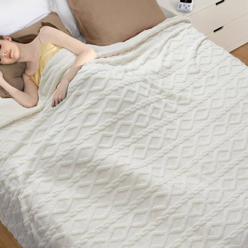 Tufted Sherpa Electric Blanket with 6 Heating Levels for Living Room, Bedroom, White - 90*100Inch