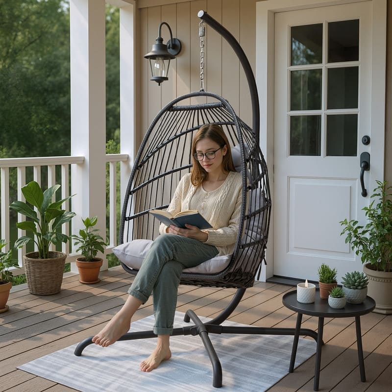 Oversized Hanging Egg Chair with Stand, Indoor Outdoor Swing Chair, 350 lbs Capacity Cozy Rattan Lounge