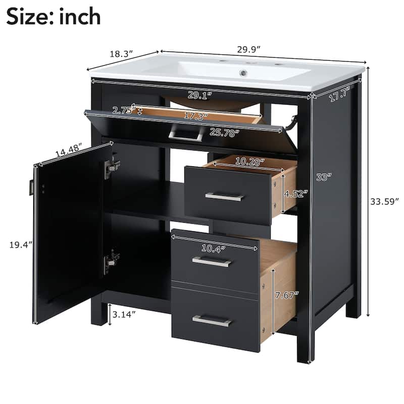 Bathroom Vanity with Ceramic Sink, Bathroom Cabinet with 1 Flip Drawer and 2 Drawers, Bathroom Vanities with Storage Shelves