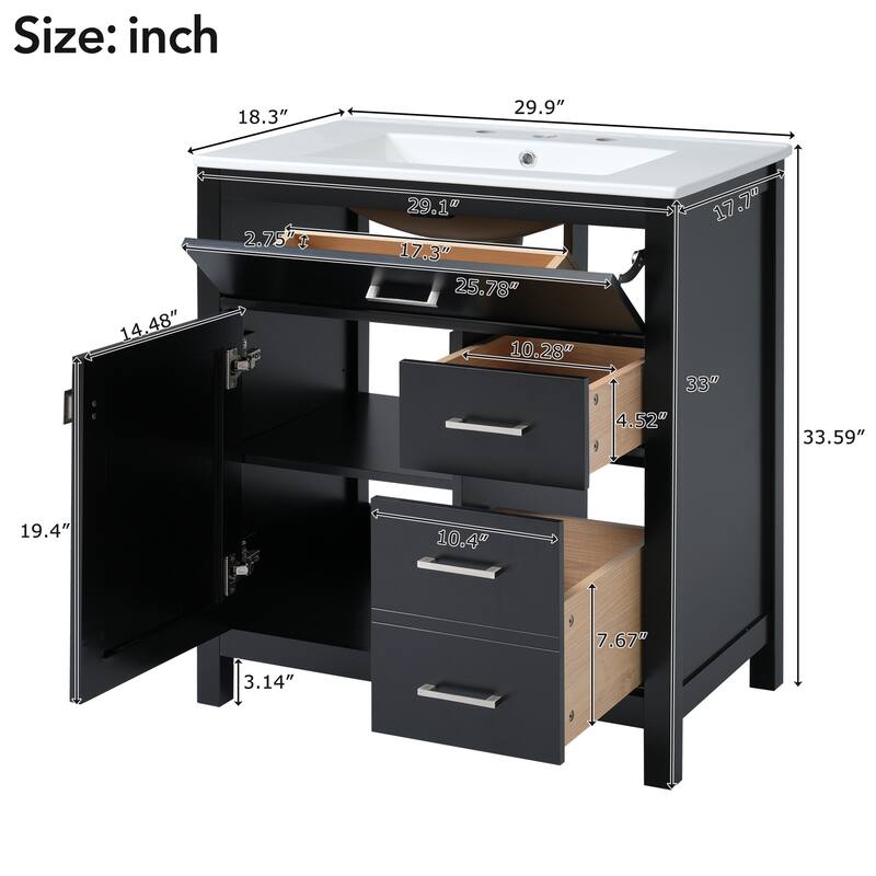 Modern 30-Inch Bathroom Vanity with Undermount Ceramic Sink, Solid Wood Frame, Adjustable Shelf & Storage Drawers