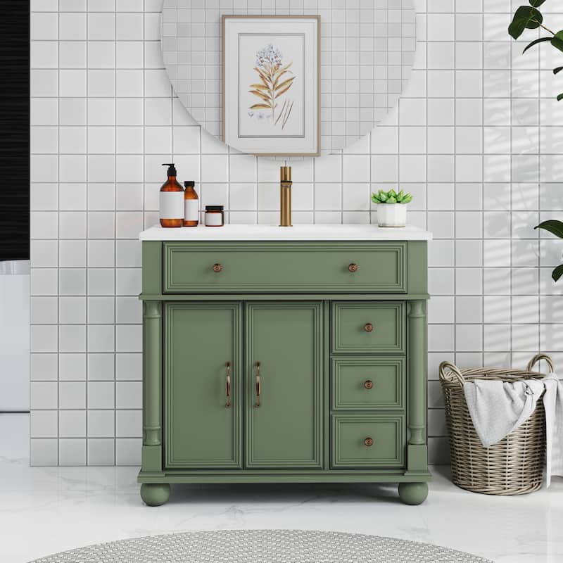 28"/36" Bathroom Vanity with Sink, Integrated Ceramic Basin Vanity Cabinet with Roman Column Base, Solid Wood Frame