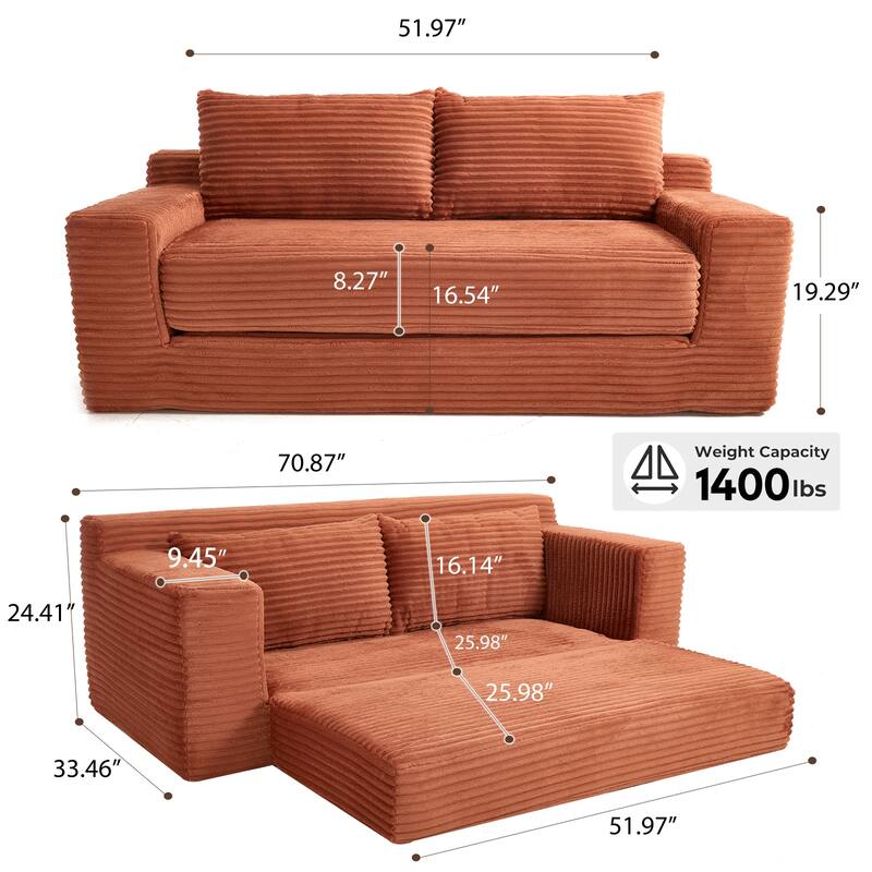 70.87'' W Corduroy Fabric Loveseat Sleeper Sofa with Memory Foam & Steel Frame