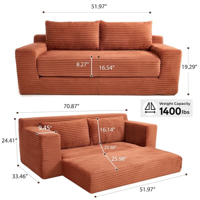 Corduroy 2-in-1 Convertible Loveseat Sofa Upholstered Deep Seat Sofa w2 Pillows Tufted Couch Livingroom Recliner Sofa