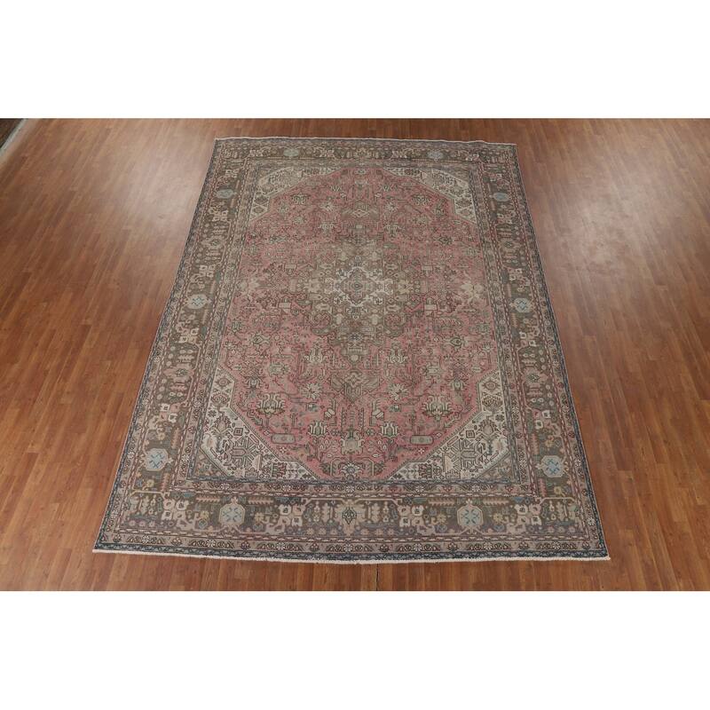 Distressed Pink Tabriz Vintage Persian Rug Hand-Knotted Wool Carpet - 9'2" x 12'8"