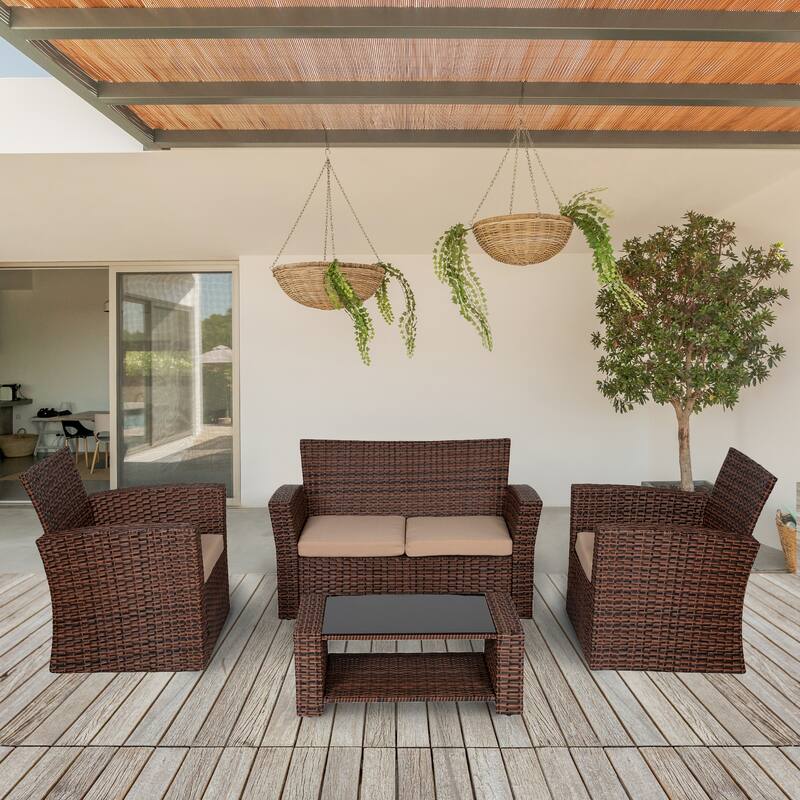 Grandview Outdoor 4-piece Brown Patio Conversation Set with Cushions - Beige