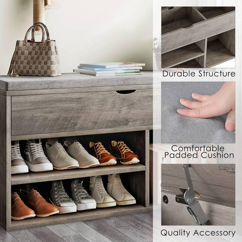 Shoe Storage Bench with a Cushioned Seat and 2 Tiers of Shelves