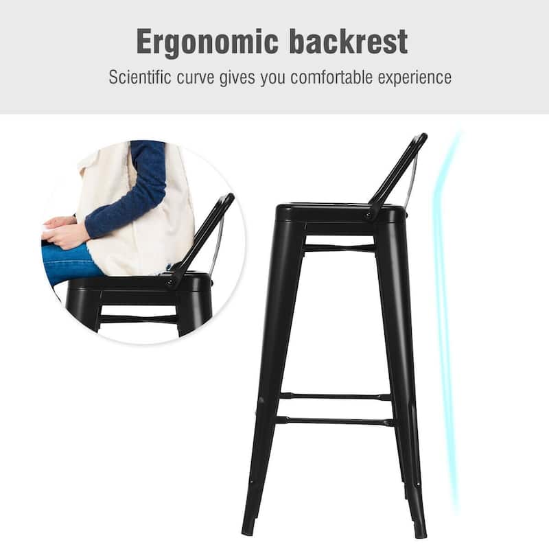 30" Set of 4 Metal Height Barstools with Low Back-Black - 17" x 17" x 37" (L x W x H)