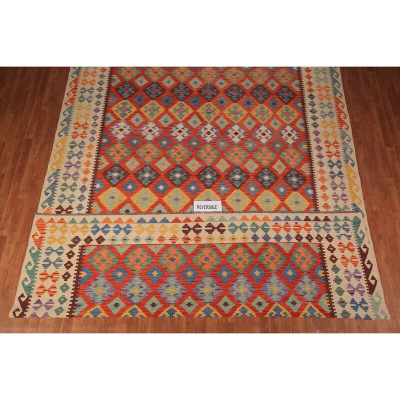 Orange Trellis Kilim Oriental Area Rug Hand-Woven Wool Carpet - 6'2" x 9'10"