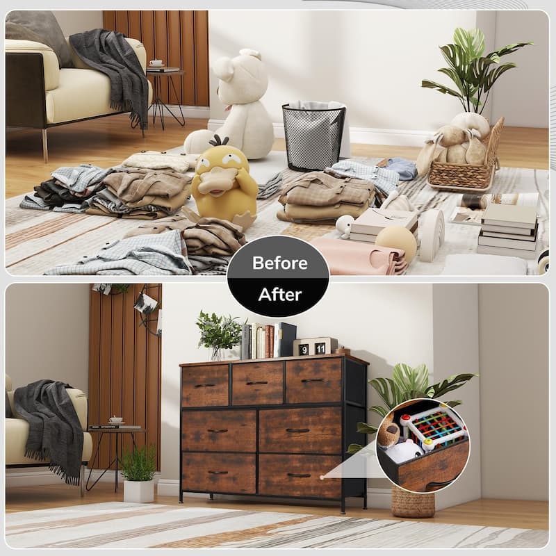 Dresser for Bedroom with 7 Drawers, Anti-Tip Wide Fabric Chests Storage Organizer Tower Furniture, TV Stand for TV up to 45 inch