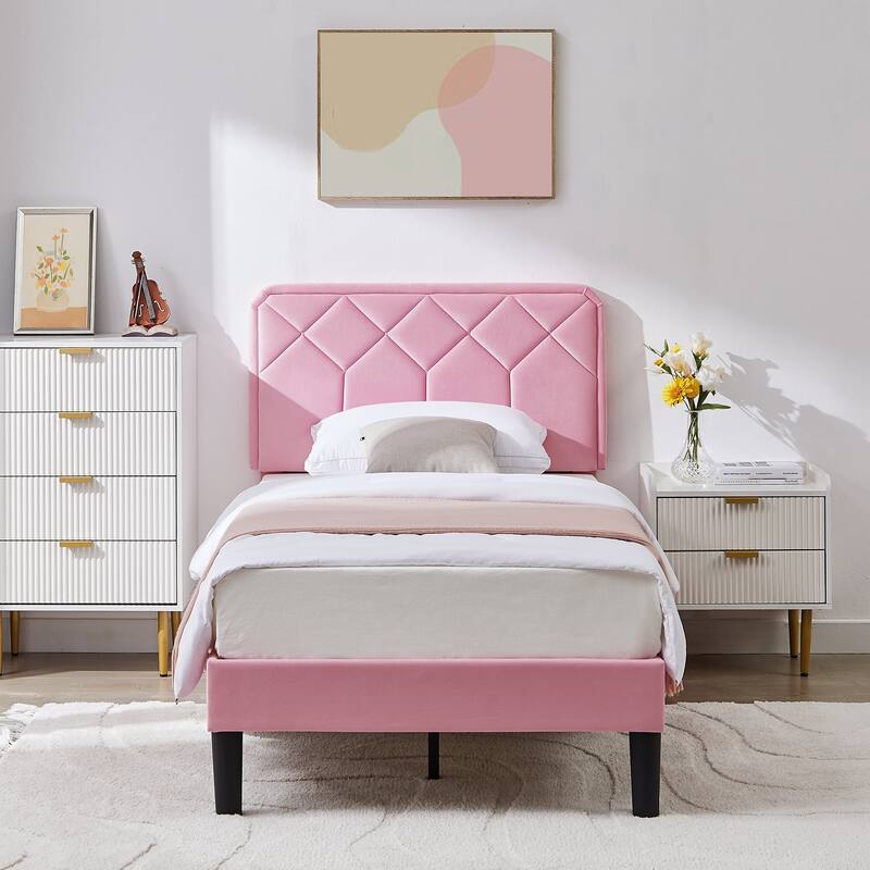 2 Pack Twin Size Kids Bed Frame Height Adjustable Diamond Pattern Upholstered Headboard Bed Twin Size Bed Set of 2
