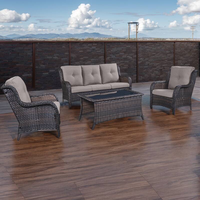 Pocassy 4-Piece Outdoor Sofa Patio Chair with Coffee Table - Brown/Grey