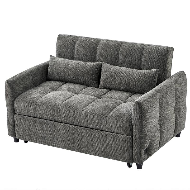 Chenille Loveseat Sofa Pull-out Sofa Bed, Upholstered Futon Sofa Adjustable Backrest Lounge Couch w3 USB Ports & 2 Pillows
