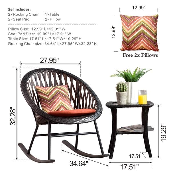 dimension image slide 3 of 4, OVIOS 3-piece Patio Rocking Chair Bistro Set with Glass Coffee Table