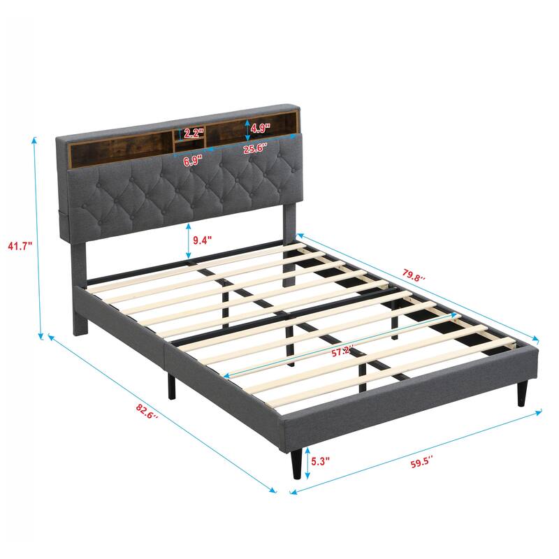 Queen Size Linen Upholstered Platform Bed with Button-Tufted Headboard, USB Charging Station and Side Pockets