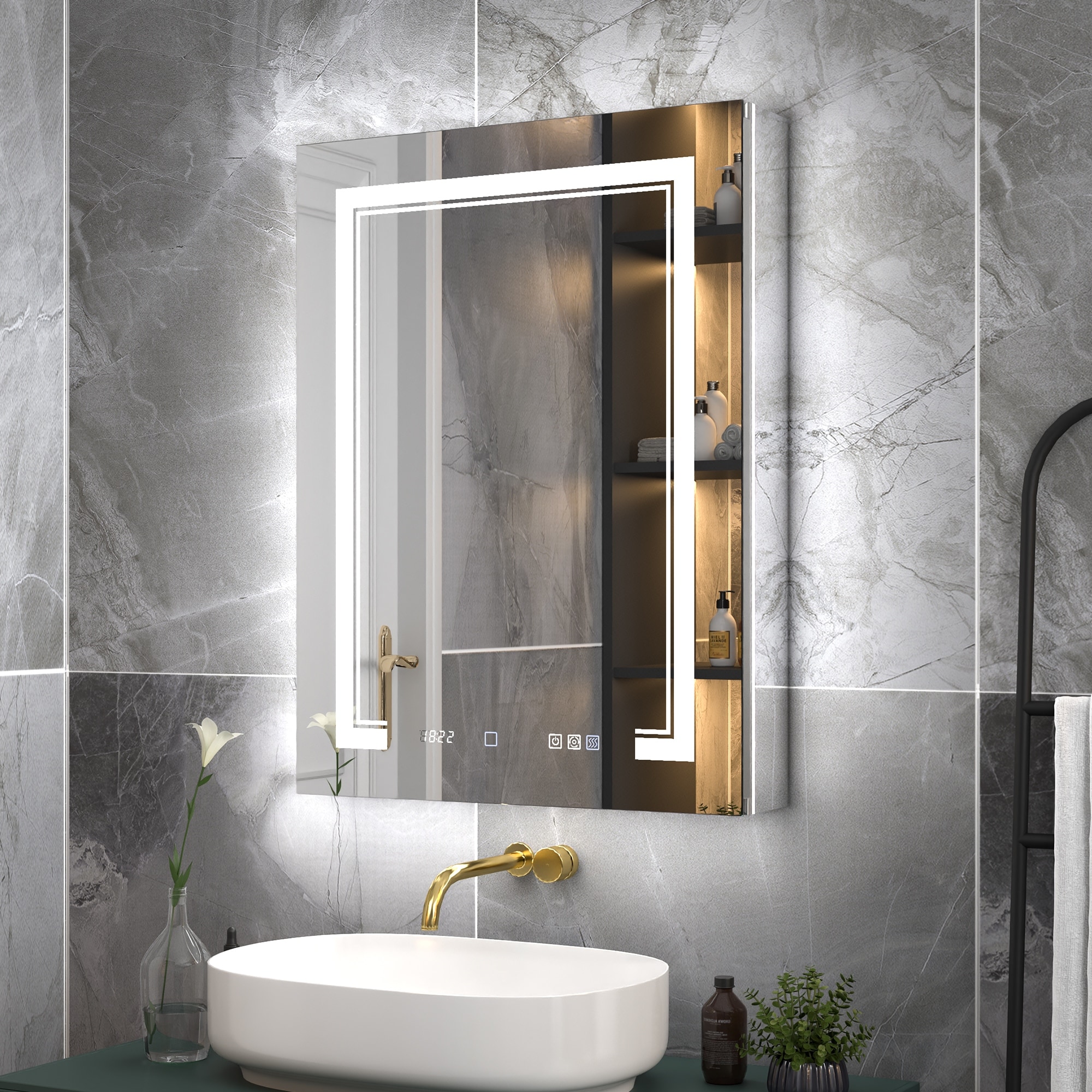 EcoBrite 24 in. W x 32 in. H Rectangular Backlit and Front Light Left Medicine Cabinet with Mirror