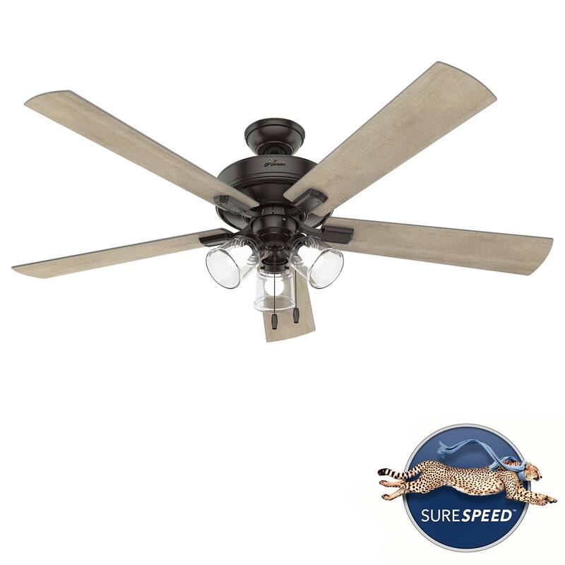 Hunter 60" Crestfield Ceiling Fan w/3-Light LED Light, Pull Chain - Farmhouse, Transitional, Rustic - Exclusive SureSpeed!