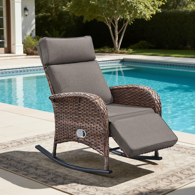 Meyreso Wicker Rocking Reclining Chaise Lounge with Adjustable Backrest & Footrest - Gray/1-Piece