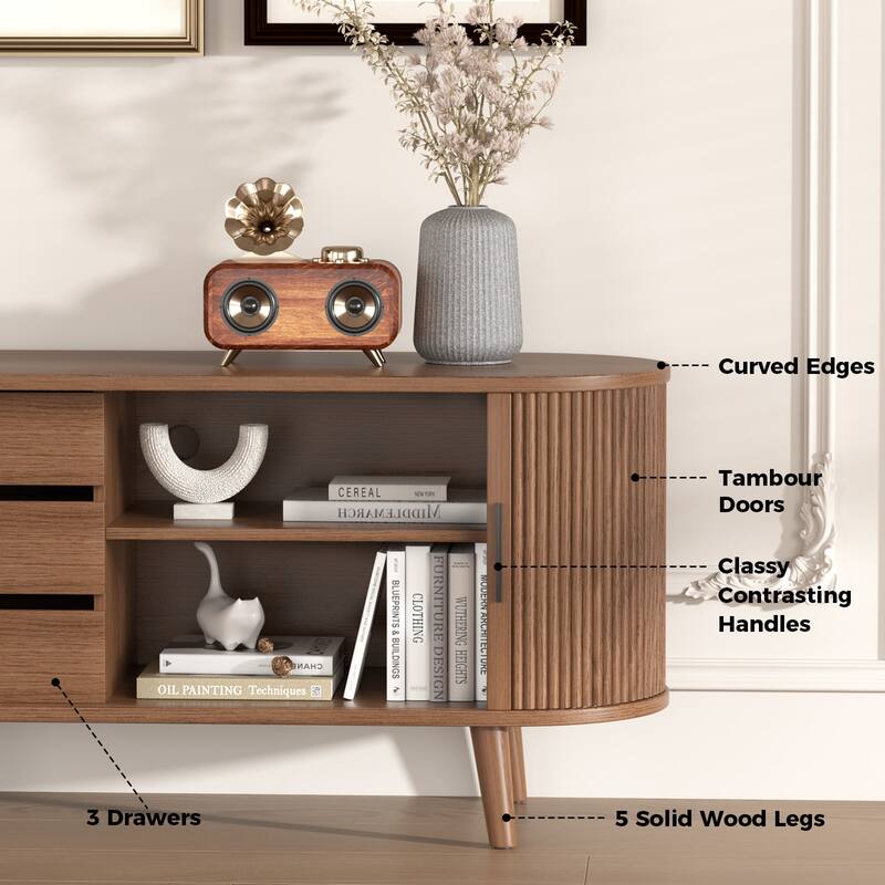 Gymojoy 71" Mid-Century Modern TV Stand, Walnut Media Console with Sliding Doors, Entertainment Center for TVs up to 80".