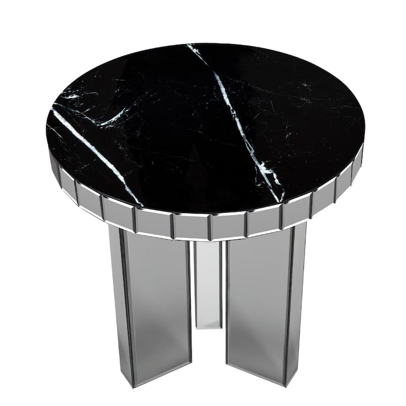 HomeRoots 20" Silver And Black Faux Marble And Glass Round Mirrored End Table
