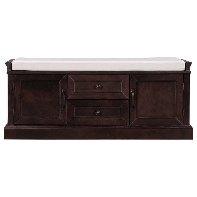 Storage Bench with 2 Drawers and 2 Cabinets, Shoe Bench with Removable Cushion for Living Room
