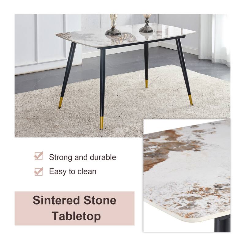 48.4" 5-Piece Sintered Stone Dining Table Set with 4 PU Chairs, Curved Widened Cushions, Pandora Patterned Rock Slab Desktop