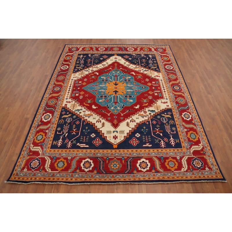 Hand Knotted Oriental 100% Wool Carpet Traditional Medallion Red Heriz (serapi) Area Rug - 9' 10'' X 7' 11''