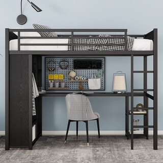 Twin XL Size Loft Bed with Desk, Wardrobe, Metal Frame & Shelves, Black