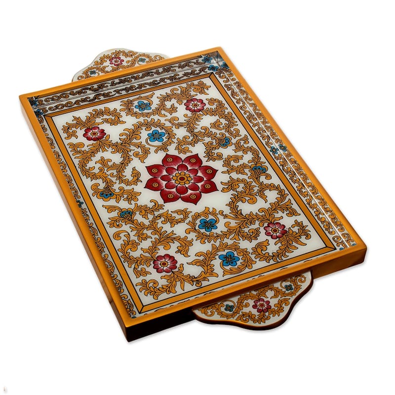 Novica Handmade Colonial Lotus Reverse-Painted Glass Tray - White