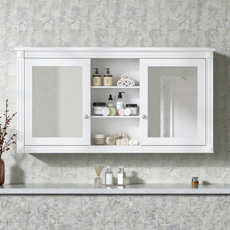 55 Inch Wall Mount Medicine Cabinet with Dual Mirrors, Adjustable Shelves and Soft Close Hinges