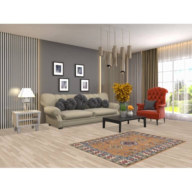 Orange Kazak Rug Hand-Knotted Wool Carpet - 3'5"x 4'10"