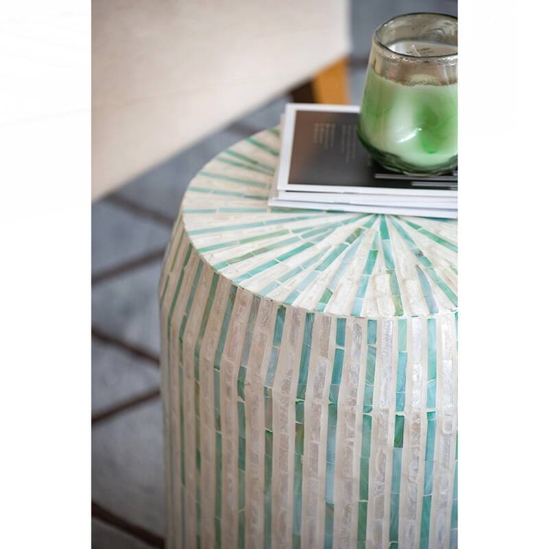 Cream and Green Cylinder Accent Stool with Striped Pattern
