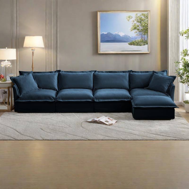 156.6" Chenille L-Shaped Sectional Sofa with 4-Seater and 2 Pillows & Plush Armrests - Blue