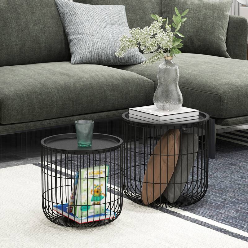 HOMCOM Nesting End Tables, Round Coffee dinnof 2 with Steel Wired Basket Body and Removable Top, Black - black
