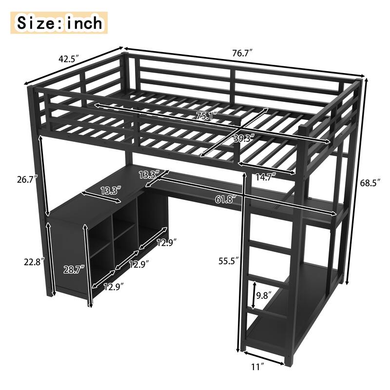 Metal Loft Bed with Wardrobe and L-Shaped Desk, Storage Cubes and Shelves, Space Saving Loft Bed for Teens