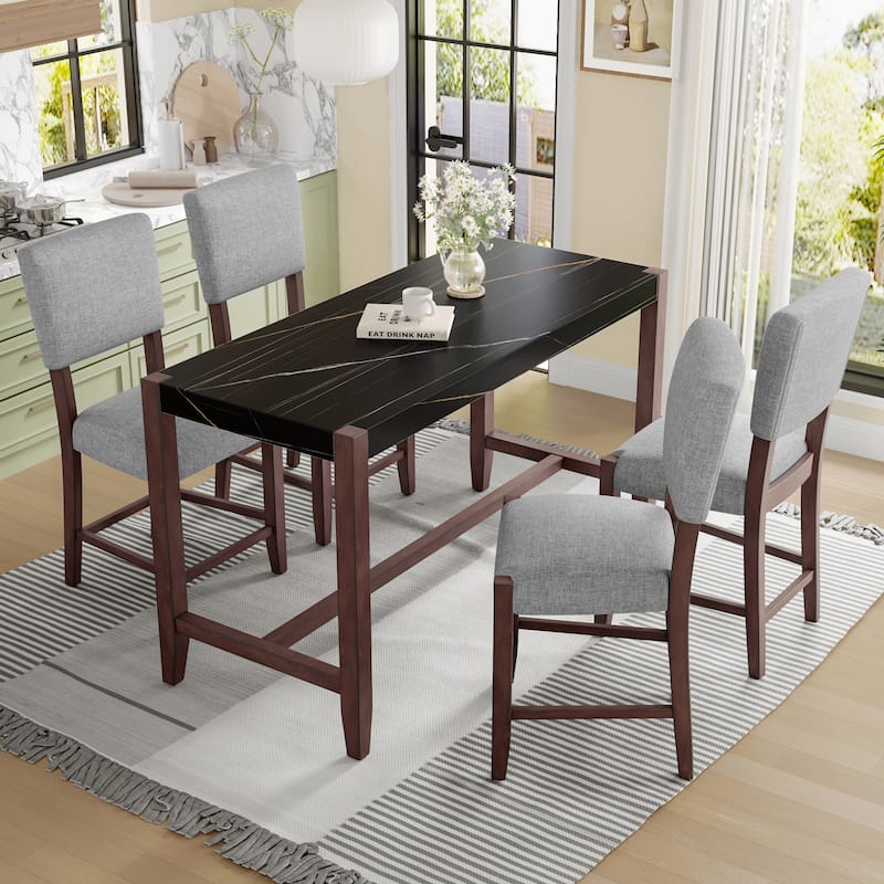 5 Piece Dining Table Set for 4, Counter Height Table Set with 1 Black Rectangle Table and 4 Linen Chairs for Small Place