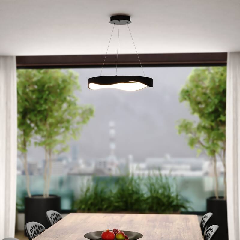 Bowen 1-Light Black Contemporary Round Chandelier, White Frosted Shade, LED Pendant Fixture Dining Table Entryway Island