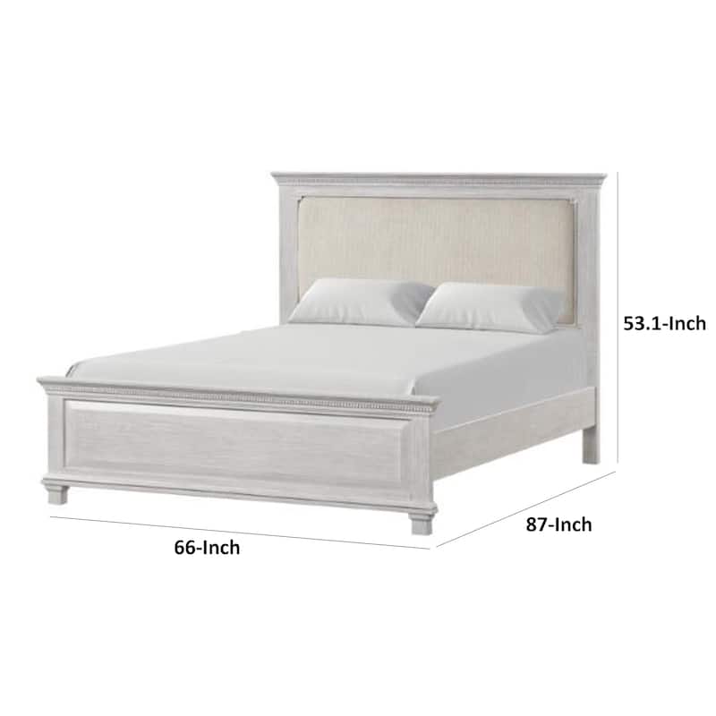 Leyne Queen Bed, Cream Upholstery, Dentil Molding Weathered Gray Wood