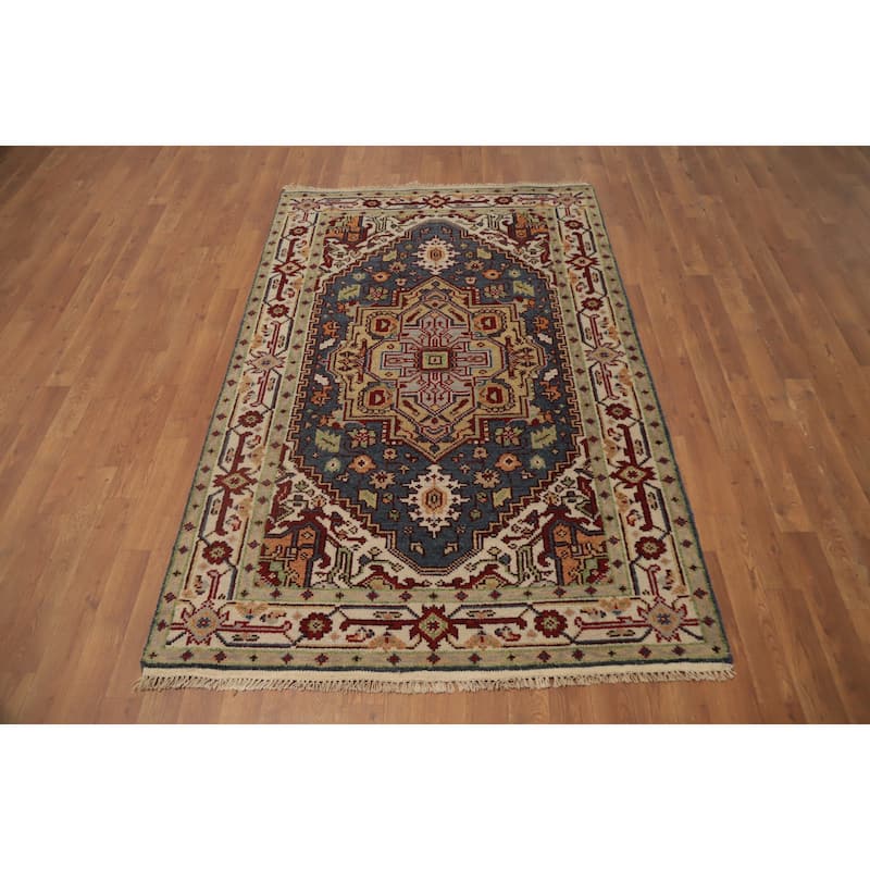Hand Knotted Oriental 100% Wool Carpet Traditional Medallion Greys & Charcoal Heriz (serapi) Area Rug - 6' 2'' X 4' 1''