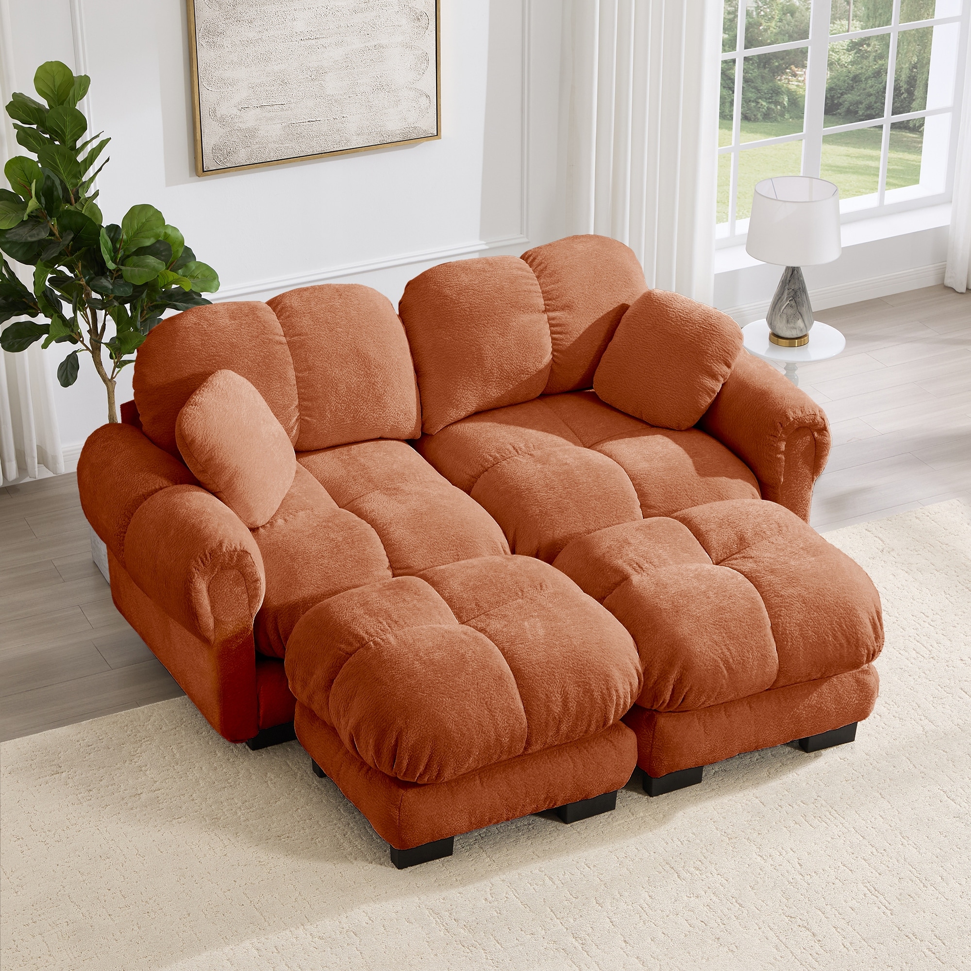 GDFStudio - Chenille Cloud 2-Seater 76.3" U-Shaped Loveseat with Petal Design, Quilted Cushions and 2 Movable Ottomans