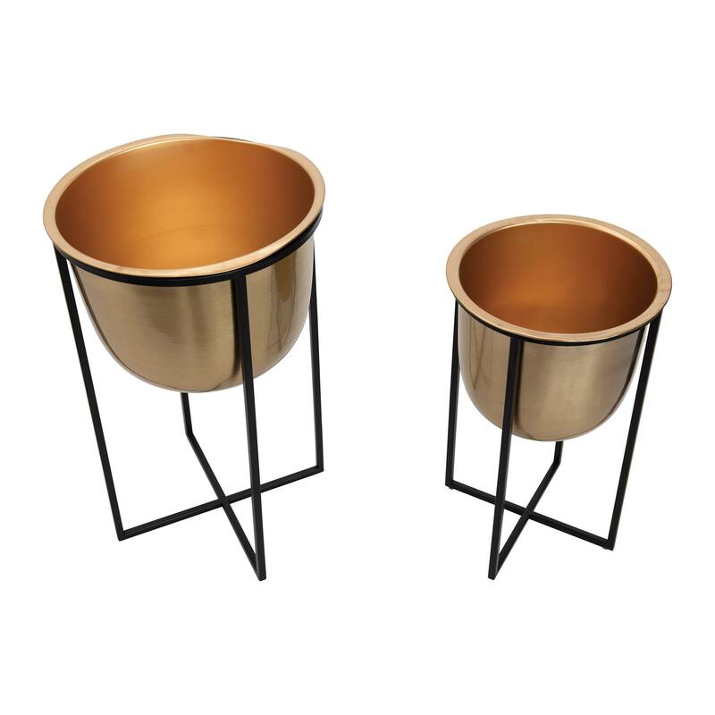 Metal Planters with Black Stands, Gold Finish, Set of 2