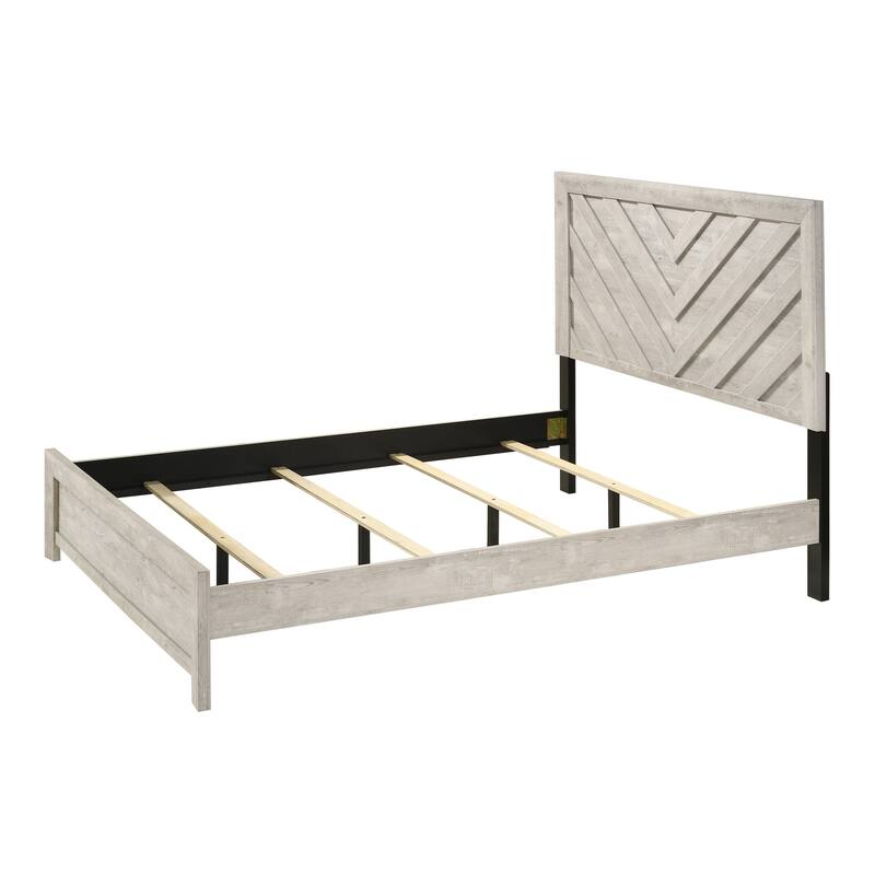 Queen Size Wooden Platform Bed with Geometric Chevron Pattern Headboard