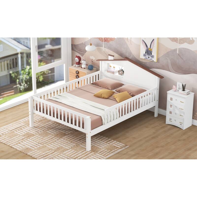 Full Size Wood Platform Bed with House-shaped Headboard, LED, and Storage