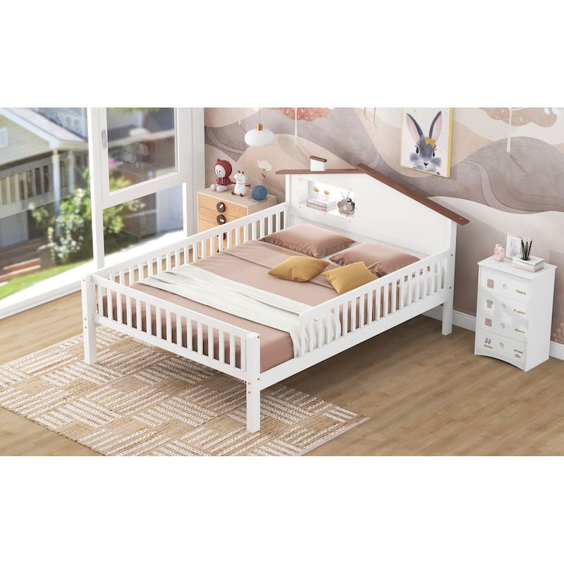 Wood Platform Bed with House-shaped Headboard, LED and Built-in Storage