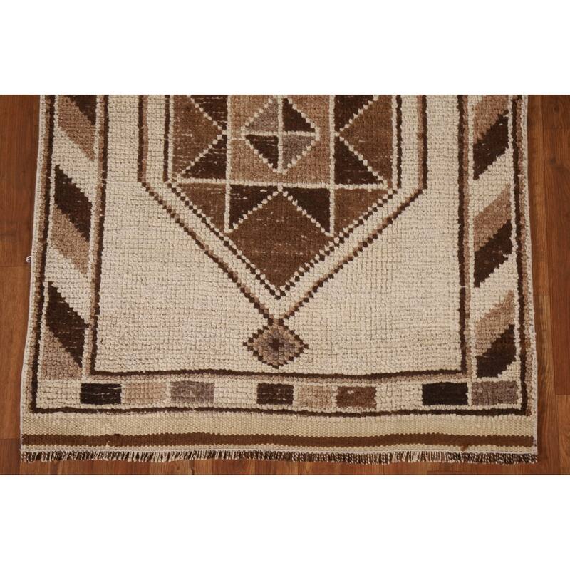 Natural Dye Handmade Kurdish Turkish Runner Rug Beige Wool Carpet - 3'4"x 11'9"