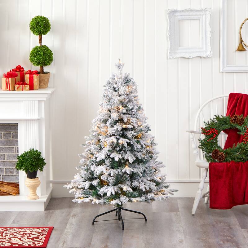 4ft Flocked Christmas Tree - Prelit Artificial Pine Tree with 450 Branch Tips - Holiday Decor - White - 48