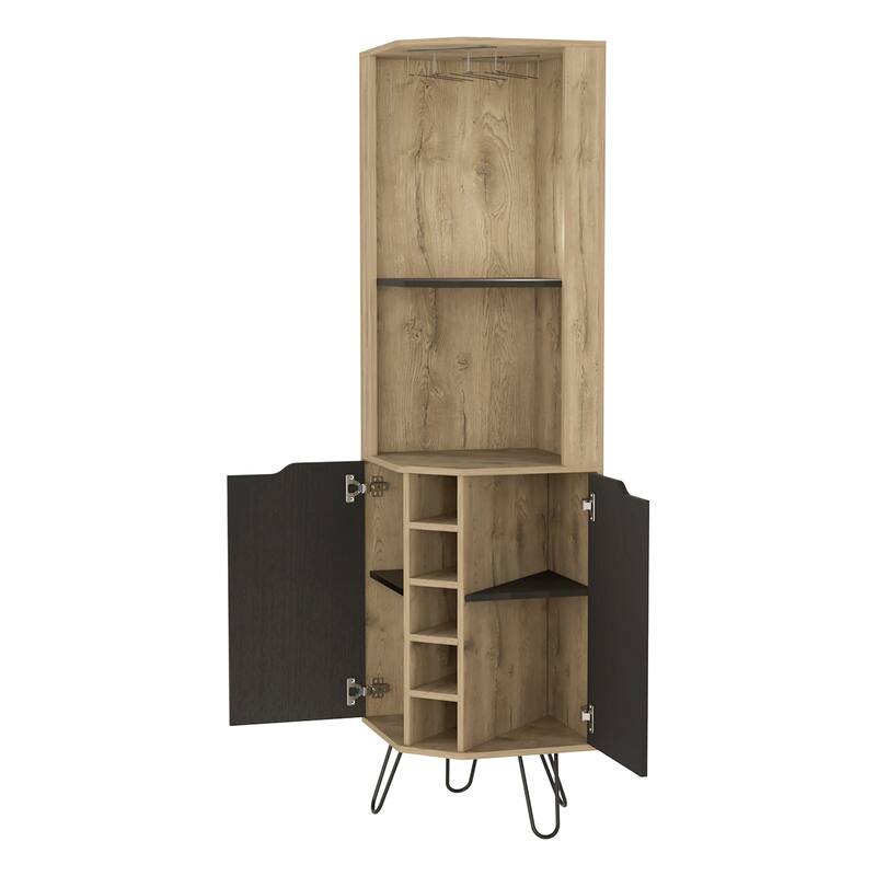 FM Furniture Grace Corner Bar Cabinet with 6 Wine Racks, 4 Shelves with Door, Cup Rack