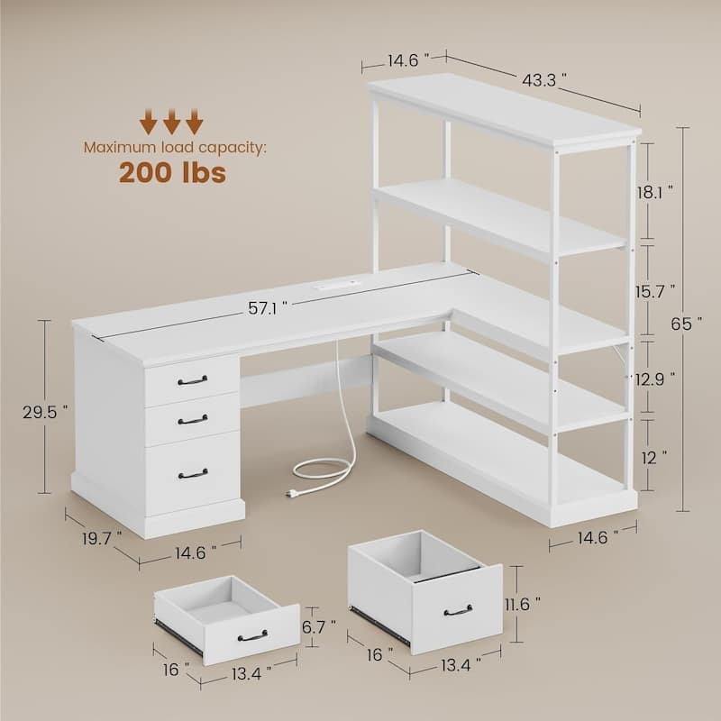 L Shaped Desk Drawers Storage Shelves Executive Home Office Desk
