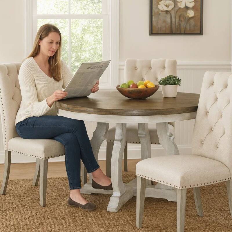 47 Inch Wood Round Dining Table, Distressed White Pedestal Base, Brown Top