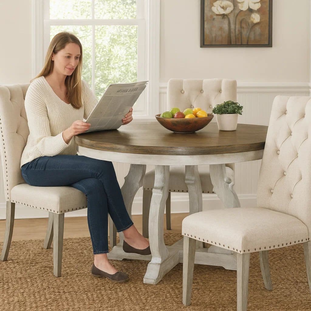 47 Inch Wood Round Dining Table, Distressed White Pedestal Base, Brown Top